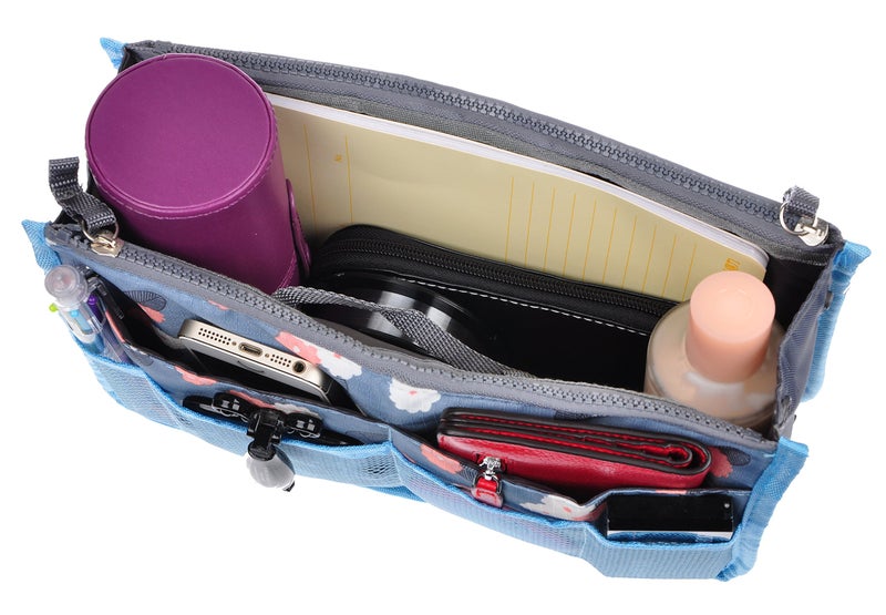 Vercord Purse Organizer Insert for Handbags Bag Organizers Inside Tote Pocketbook Women Nurse Nylon 13 Pockets Blue Flower Small - Image 5